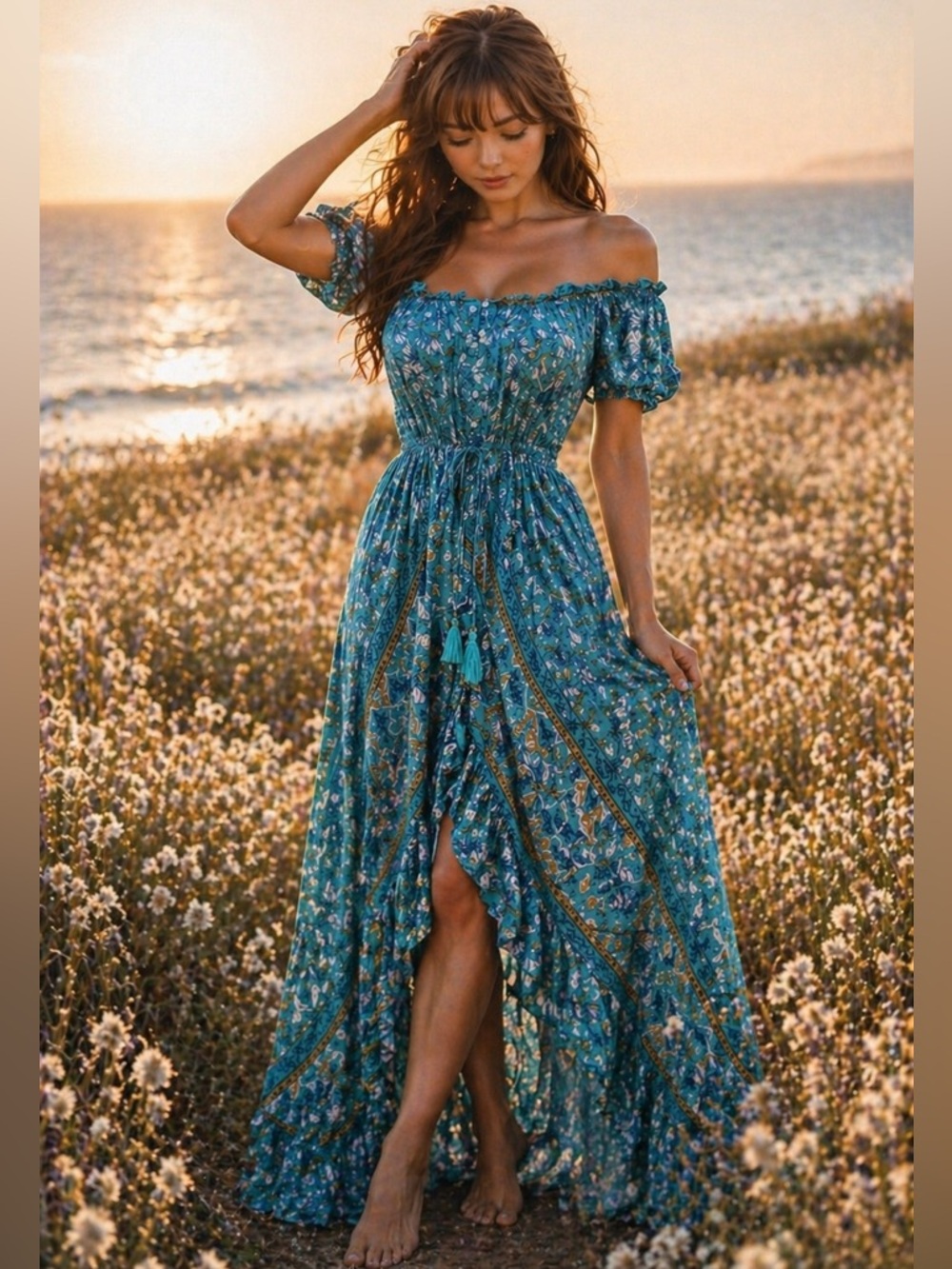 Wishing on Dandelions Blooming Boho romance off shoulder Maxi Dress